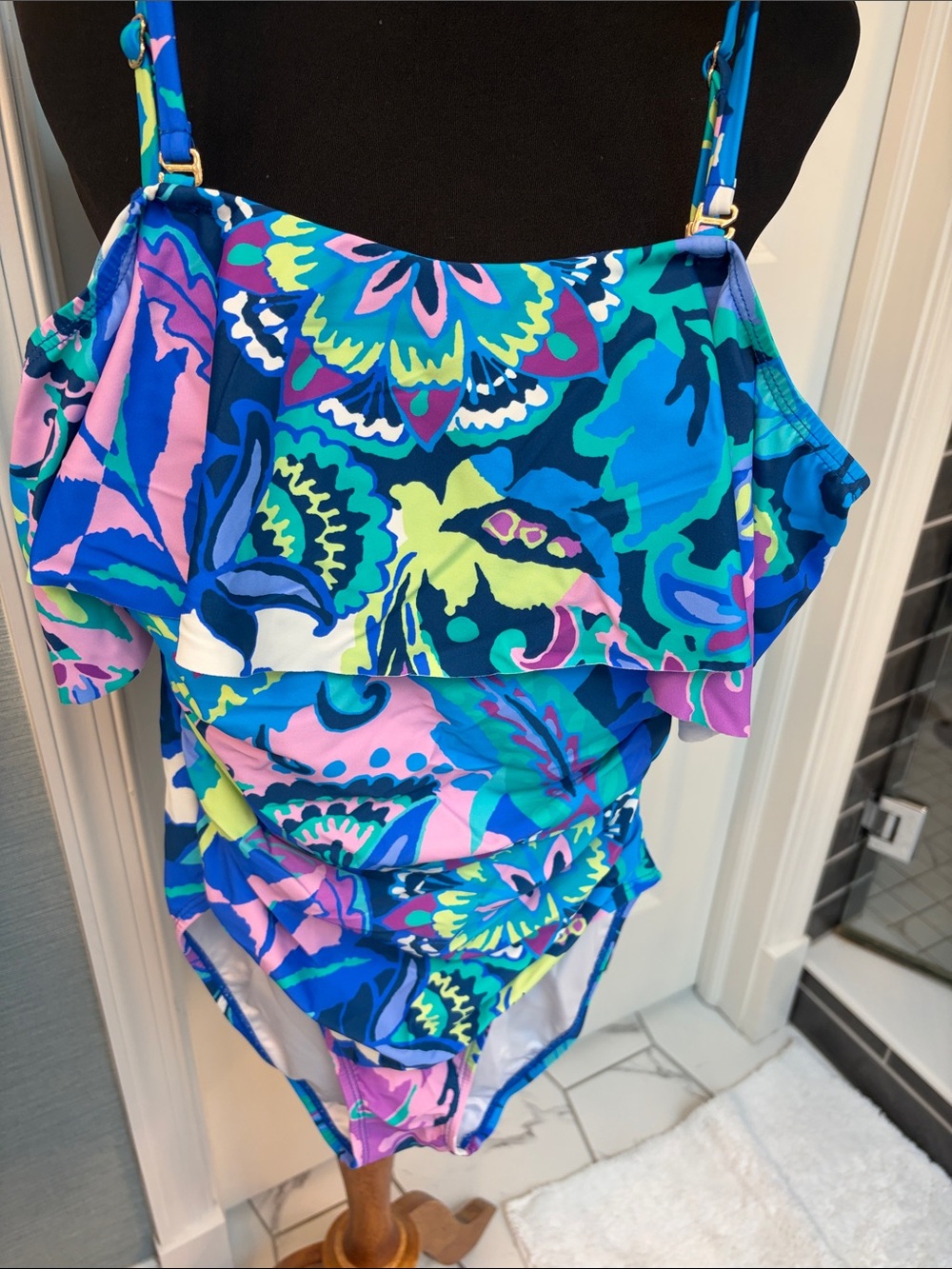 Woman’s Blue Floral Ruffle One-Piece Swimsuit